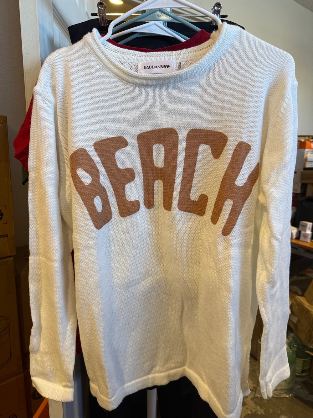 Amazon Cream Knit Sweatshirt with Brown 'BEACH' Lettering